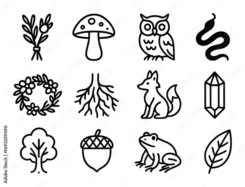 Fototapeta premium Nature and wildlife linear icon set. featuring owl, snake, fox, mushroom, tree, and crystal symbols.