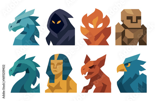 Fantasy creatures silhouette icon set. featuring dragon, mage, elemental, golem, sphinx, demon, and griffin icons.