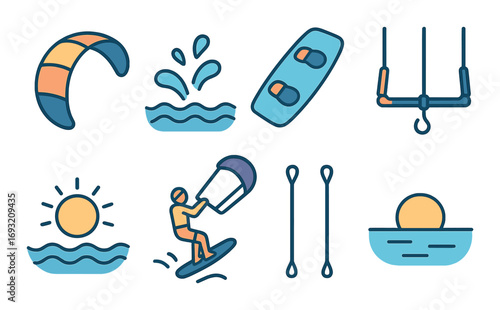Water sports silhouette icon set. featuring kiteboarding, surfing, kayaking, diving, and sailing symbols.