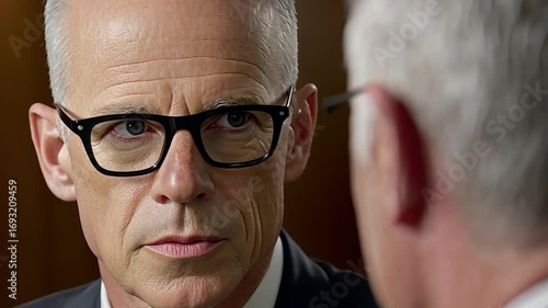 Serious Businessman Wearing Glasses Engaged in Intense Conversation in Office Setting