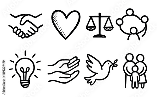 Community and peace linear icon set. featuring handshake, heart, justice scales, family, light bulb, helping hands, dove, and unity symbols.