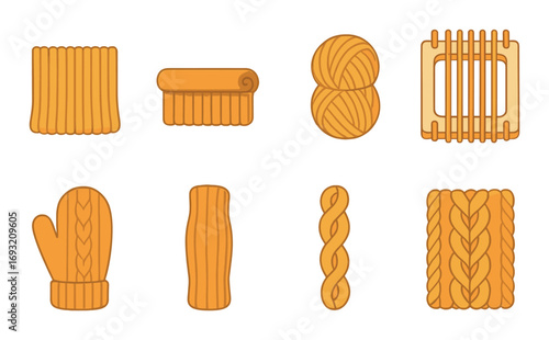 Knitting tools linear icons set. featuring yarn, needles, scarf, mitten, weave, fiber, thread, and loom symbols.