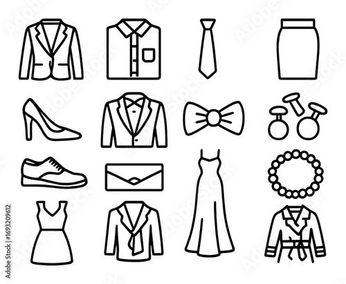 Fashion and accessories linear icon set. featuring blazer, shirt, tie, skirt, heels, dress, and necklace icons.