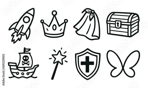 Fantasy adventure linear icons set. featuring rocket, crown, cloak, treasure chest, pirate ship, wand, shield, butterfly..