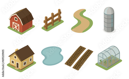 Farm and agriculture flat icon set. featuring barn, fence, path, silo, house, pond, field, and greenhouse.