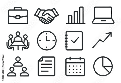 Business and office linear icon set. featuring briefcase, handshake, chart, laptop, meeting, clock, notebook, growth, team, document, calendar, pie chart symbols.