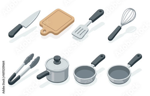 Kitchen tools silhouette icon set. featuring knife, cutting board, spatula, whisk, spoon, tongs, pot, and pans.
