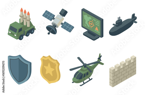 Military and security isometric icon set. featuring missile truck, satellite, radar, submarine, shield, badge, helicopter, and wall.