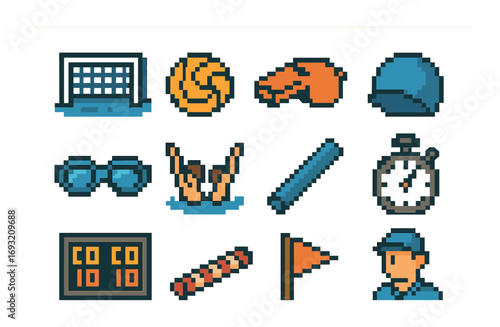 Sports equipment pixel art icon set. featuring whistle, stopwatch, ball, flag, cap, and goggles symbols.
