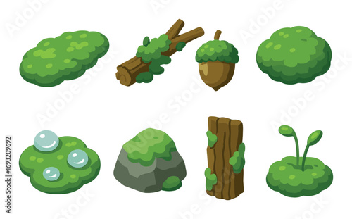 Nature elements flat icon set. featuring bush, log, acorn, plant, mossy stone, and seedling symbols.