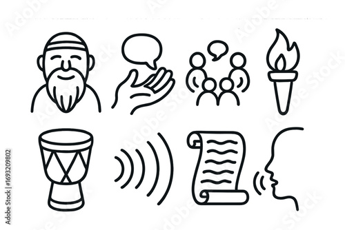 African culture linear icon set. featuring elder, storytelling, community, torch, drum, soundwaves, scroll, speech symbols.