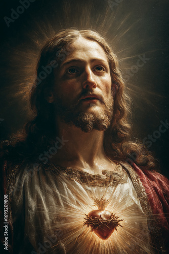Sacred Heart of Jesus Christ Devotion with divine light and heart glowing. Divine mercy	
