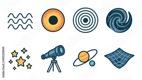 Space exploration flat icon set. featuring waves, vortex, galaxy, stars, telescope, planet, gravity.