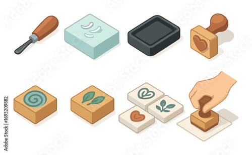 Stamp making flat icon set. featuring carving tool, rubber block, ink pad, stamp, hand stamp application.