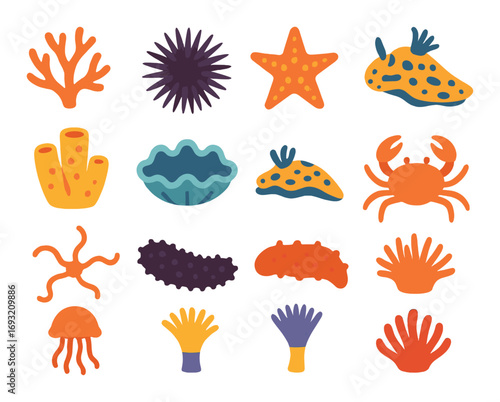 Marine life silhouette icon set. featuring coral, starfish, crab, jellyfish, clam, and sea cucumber symbols.