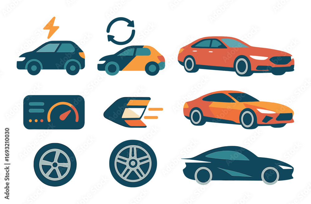 Naklejka premium Automotive technology flat icon set. featuring electric, hybrid, sedan, dashboard, speed, and wheel symbols.