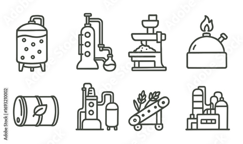 Industrial equipment linear icon set. featuring distillation, milling, boiler, barrel, conveyor, factory.