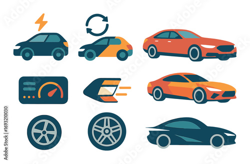 Automotive technology flat icon set. featuring electric, hybrid, sedan, dashboard, speed, and wheel symbols.