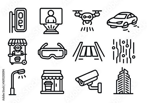 Smart city linear icon set. featuring parking, hologram, drone, electric car, vendor, vr glasses, smart streetlight.