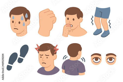 Emotional reactions flat icons set. featuring stress, determination, contemplation, fear, anger, and observation.