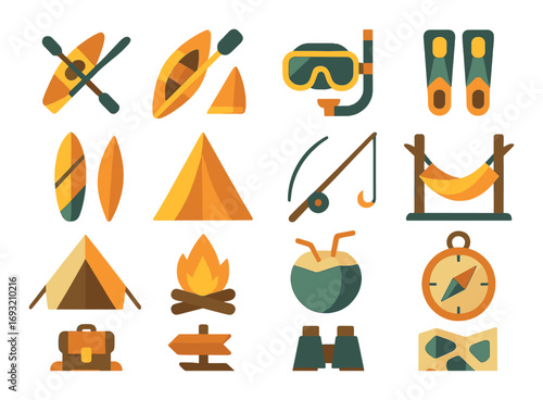 Outdoor adventure flat icon set. featuring camping, kayaking, fishing, snorkeling, hiking, and camping gear symbols.