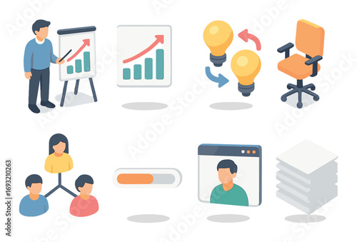 Business strategy flat icon set. featuring growth, innovation, teamwork, leadership, and online presentation.