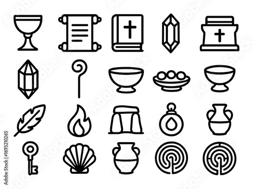 Religious artifacts linear icon set. featuring chalice, scroll, bible, crystal, altar, staff, bread, and key symbols.