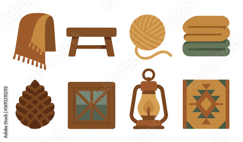 Cozy home flat icon set. featuring blanket, stool, yarn, towels, pine cone, window, lantern, and rug symbols.