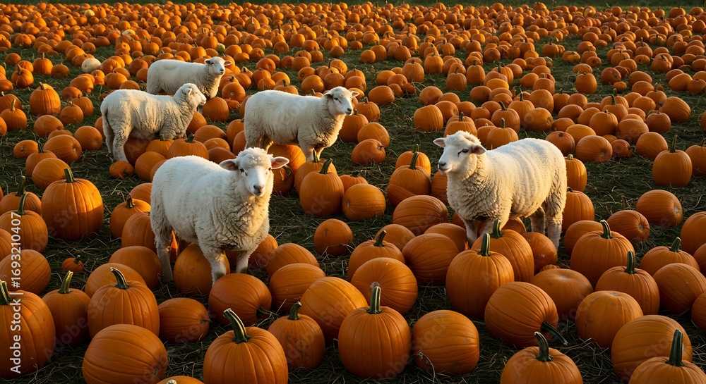 Obraz premium Sheep Grazing in a Pumpkin Patch.
