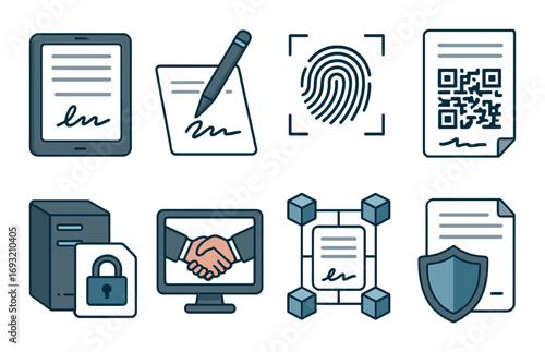 Digital security linear icon set. featuring signature, fingerprint, qr code, data protection, and blockchain.