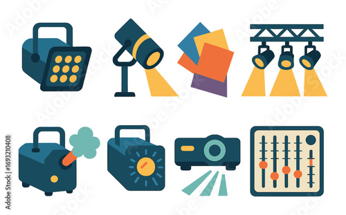 Stage equipment flat icon set. featuring spotlight, lighting, fog machine, projector, color gel, and mixer.