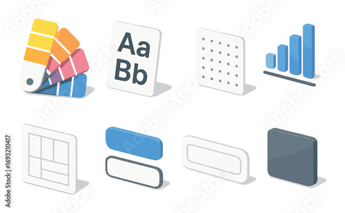 Design tools flat icon set. featuring color palette, typography, grid, chart, layout, and buttons icons.