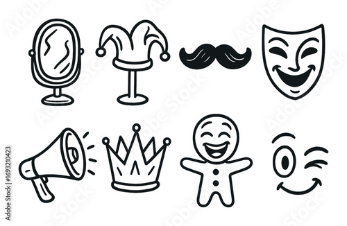 Theater entertainment silhouette icon set. featuring mirror, jester hat, mustache, mask, megaphone, crown, gingerbread man, wink.