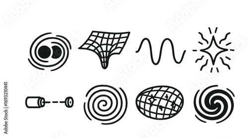 Space phenomena linear icon set. featuring black holes, wormholes, waves, stars, telescopes, spirals, and grids.