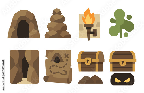 Adventure game flat icon set. featuring cave, rocks, torch, plant, map, chest, and mask.