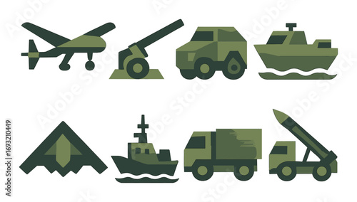 Transport silhouette icon set. featuring airplane, roller, dump truck, ship, jet, military ship, cargo truck, missile launcher.