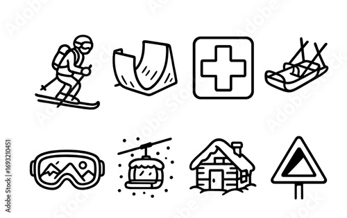 Winter sports linear icon set. featuring skiing, halfpipe, first aid, toboggan, goggles, cable car, chalet, slope sign.