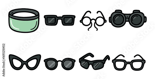 Eyewear linear icon set. featuring virtual reality, glasses, monocle, goggles, sunglasses, cat-eye.