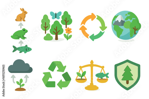 Environmental conservation flat icon set. featuring recycling, ecosystem, globe, balance, and sustainability symbols..