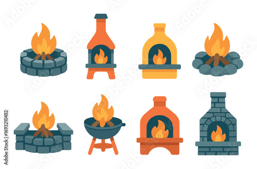 Campfire and fireplace flat icon set. featuring campfire, fireplace, stone pit, chimney, and grill.