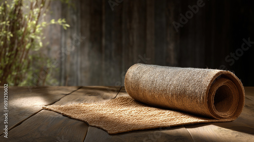 A mat showcases a coarse texture, the rustic scene illuminated by soft light. Mat, texture, with copy space