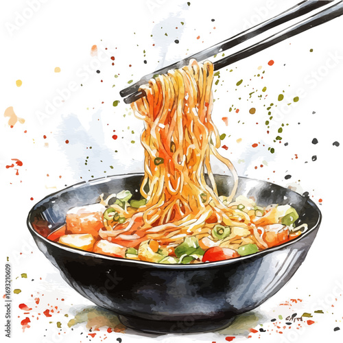 Chow Mein, watercolor clipart vector, isolated on a white background.