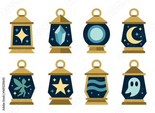 Magic lanterns flat icons set. featuring star, crystal, moon, fairy, wave, and ghost symbols.