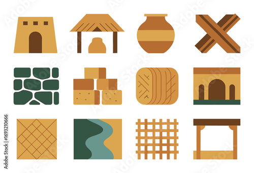 Ancient architecture flat icon set. featuring tower, hut, vase, cross, stones, blocks, bread, archway symbols.