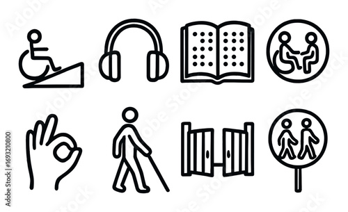 Accessibility and inclusion linear icon set. featuring wheelchair, headphones, braille book, communication.