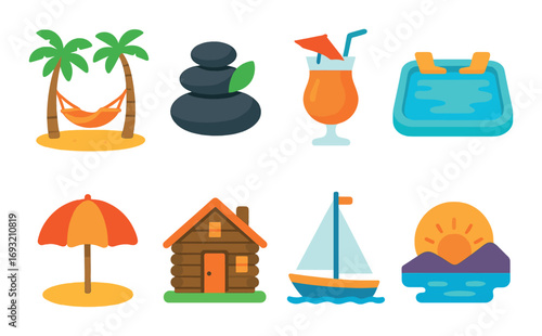 Beach vacation flat icon set. featuring tropical, relaxation, cocktail, pool, umbrella, cabin, sailboat, sunset.