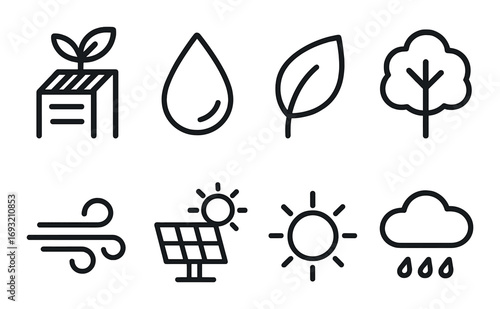 Ecology linear icon set. featuring plant, water drop, leaf, tree, wind, solar panel, sun, and rain symbols.