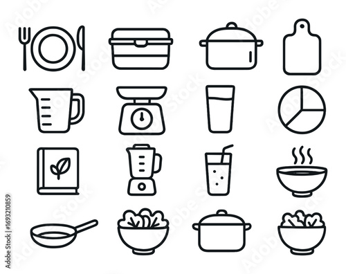 Cooking tools linear icon set. featuring plate, lunchbox, pot, cutting board, measuring cup, and scale symbols.