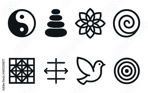 Zen and meditation silhouette icon set. featuring yin-yang, balance, flower, spiral, grid, arrows, dove, and target symbols.