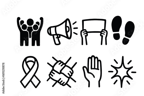 Social awareness linear icon set. featuring protest, megaphone, banner, footprint, ribbon, teamwork, hand, star symbols.
